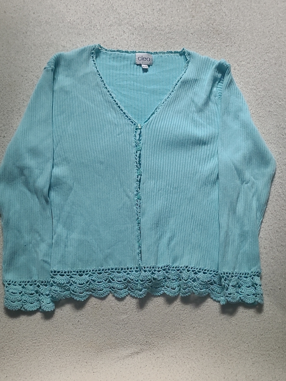 cleo Women’s Light Aqua Ribbed V-Neck Cardigan with Crochet Hem